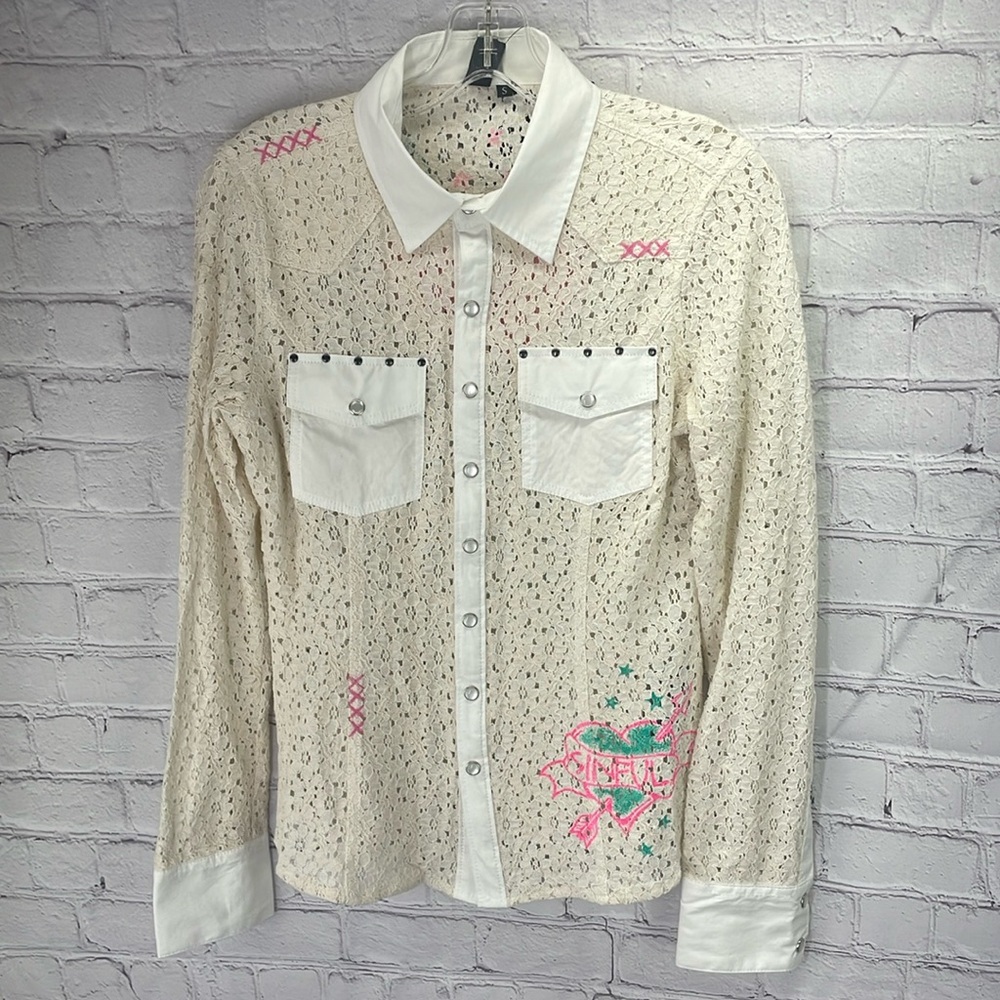 ⭐️NWT sinful by affliction long sleeve button snap woven shirt woman’s SZ SM